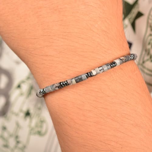 Men's Hematite & Black Grid Stone Beaded Bracelet, Adjustable Stainless Steel, Thickened Steel Wire Handmade Original Rugged Jewelry, Birthday Gift for Dad & Boyfriend