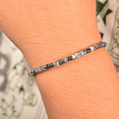 Men's Hematite & Black Grid Stone Beaded Bracelet, Adjustable Stainless Steel, Thickened Steel Wire Handmade Original Rugged Jewelry, Birthday Gift for Dad & Boyfriend