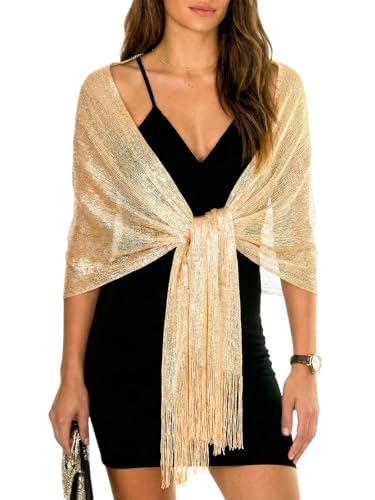 Sumolux Shawls Wraps for Evening Dresses Metallic Glitter Shawls Scarf for Women Sparkling Wedding with Free Buckle - color: Champagne Gold