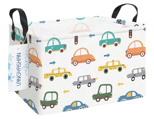 Rectangular Storage Bin Collapse Canvas Fabric Cartoon Storage Basket with Handles for Organizing Home Kitchen Boys and Girls Toys Office Closet Shelf Baskets(Rec Color Cars) - color: Rec Color Cars