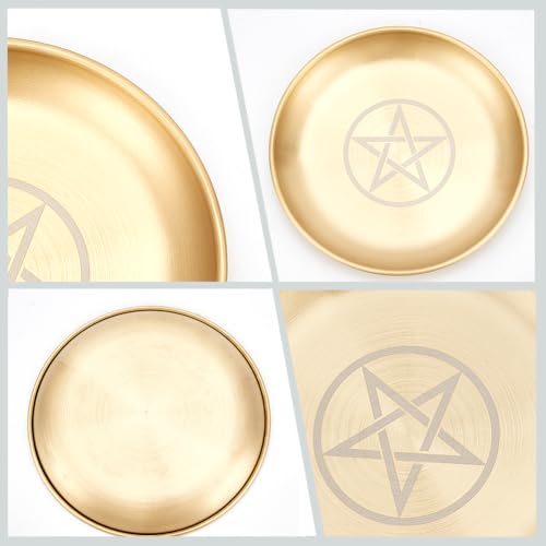 CREATCABIN Pentagram Altar Plate Star Tarot Plate Ritual Burning Candle Holder Plate Bowls Offering Incense Burning Flat Bowl with Altar Card Tarot Supplies for Witchcraft Wiccan Golden 5.55 Inch - style: Pentagram