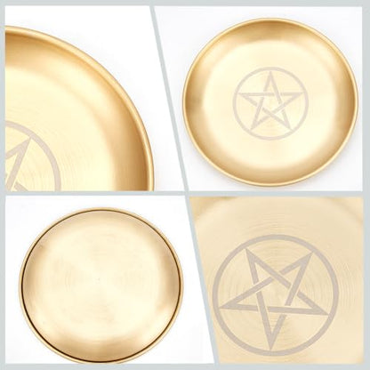 CREATCABIN Pentagram Altar Plate Star Tarot Plate Ritual Burning Candle Holder Plate Bowls Offering Incense Burning Flat Bowl with Altar Card Tarot Supplies for Witchcraft Wiccan Golden 5.55 Inch - style: Pentagram