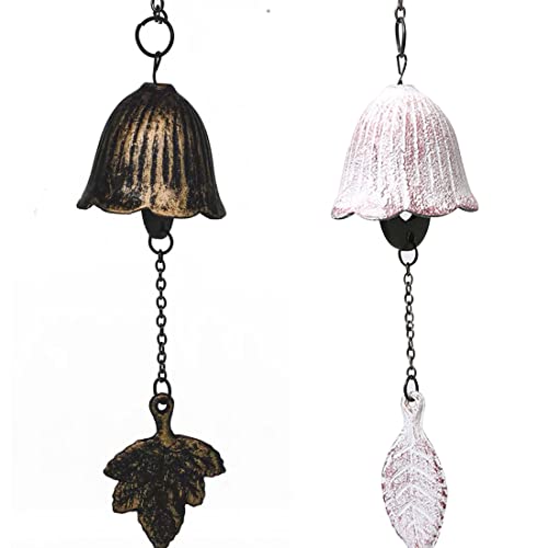 Set of 2, Japanese Traditional Lucky Small Wind Chimes for Outside, Iwachu Cast Iron Bless Temple Wind Bell Outdoor for Good Luck Garden, Patio, Balcony(Vintage and White Leaf