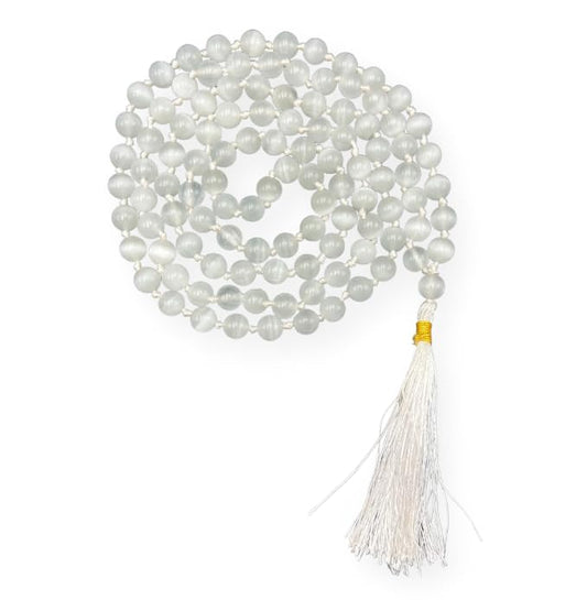 GEMSCITE Japa Mala 108 Prayer Beads Perfect for Meditation Spiritual Mala Necklace & Wrist Mala Bracelet - color: Selenite, size: Hand Knotted