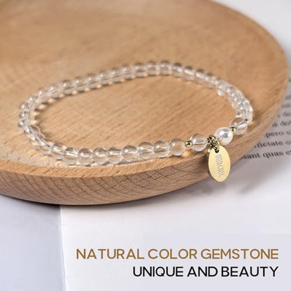 Morchic 4mm Natural Gemstone Beads Stretch Bracelet for Women, With Freshwater Pearls, Energy Gem Birthday Gift for Her 7.2” - color: Quartz
