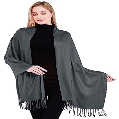 CJ Apparel Solid Color Tassels Design Nepalese Shawl Scarf Wrap Stole Throw Head Wrap Pashmina Gift Hand Made in Nepal New - color: Dark Grey A1038