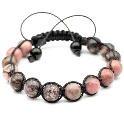 ElisaJewelryArt - Natural Black Onyx Beaded Bracelet Genuine Gemstone Strenght Crystal Macrame Bracelet Unisex Bracelet - color: Rhodonite, size: WOMEN