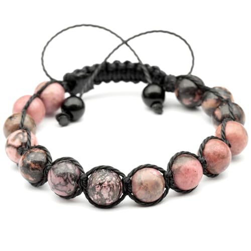 ElisaJewelryArt - Natural Black Onyx Beaded Bracelet Genuine Gemstone Strenght Crystal Macrame Bracelet Unisex Bracelet - color: Rhodonite, size: WOMEN