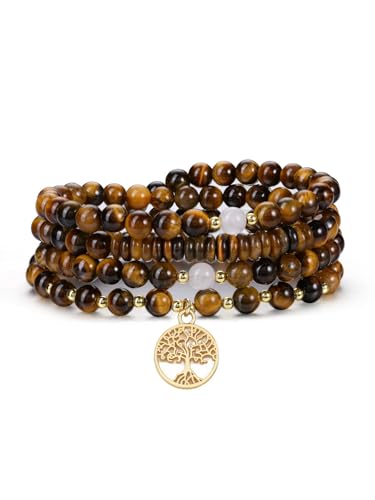 Jovivi 108 Mala Beads Bracelet Necklace, Natural Healing Crystal Stones Prayer Beads Yoga Meditation Gemstone Necklace Gold Copper Tree Life Pendant