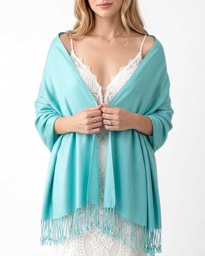 Achillea Lightweight Pashmina Scarf for Women – Soft Silky Shawl Wrap for Evening Dresses, Bridesmaids & Everyday Wear - color: Light Turquoise