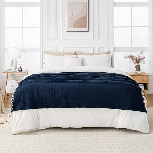 Esterra Muslin Throw Blanket 50x65 Inches Cozy Soft Lightweight Pre-Washed Cotton Blanket, All Season Breathable 4-Layer Gauze Blanket Throw for Sofa Couch Bed, Navy Blue - color: 13 - Navy Blue, size: Throw (50"x65")