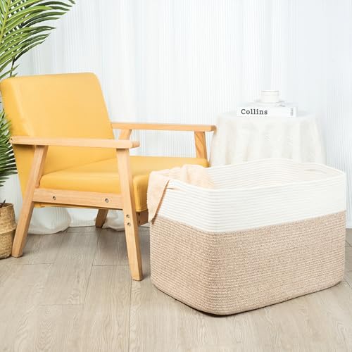 MINTWOOD Design 112L Extra Large Blanket Basket Holder Living Room, 25"x17"x16" Rectangle Rope Woven Storage Basket with Handles for Laundry, Pool Towels, Shoes, Dog Toy Organizer Bin Box, Light Brown - color: Light Brown