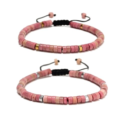 Mixed Gemstone Adjustable Braided Beaded Bracelet for Women, 2x4mm Heishi Disc Natural Healing Stone Summer Beach Jewelry, Yoga Gift for Her - color: Pink Petrified Rhodonite
