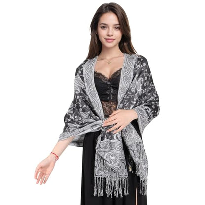 MUQU Women Pashmina Shawls and Wraps Scarf Soft Silky Reversible Paisley Scarves Shawl for Women - color: Black+white