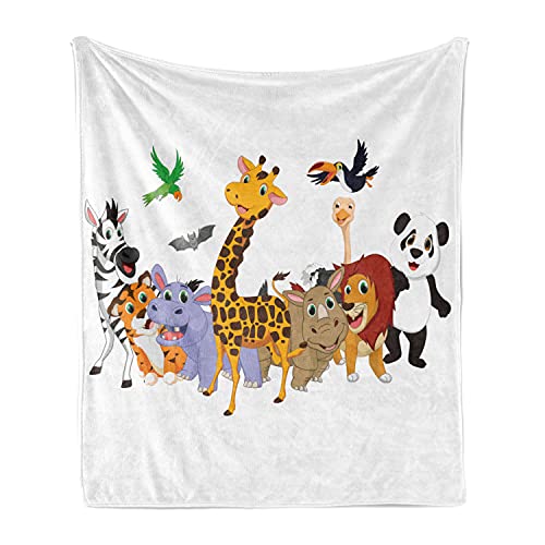 Lunarable Animals Soft Flannel Fleece Throw Blanket, Colorful Jungle Animals Hippo Bat Parrot Giraffe Panda Safari Theme African, Cozy Plush for Indoor and Outdoor Use, 50" x 60", Pale Orange - color: Pale Orange, size: 50" x 60"