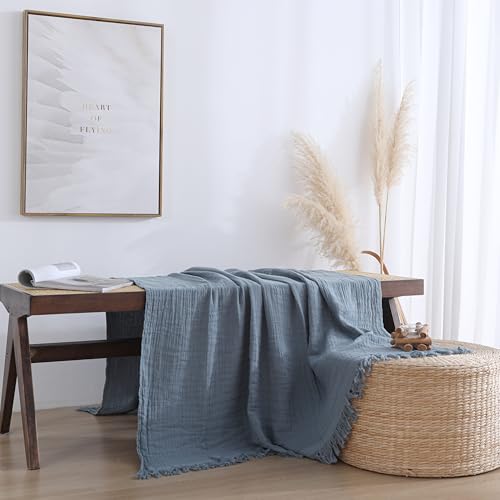 100% Cotton Muslin Throw Blanket for Bed, Couch, Small, Decorative, Soft, Pre-Washed, Breathable and Lightweight Gauze Blanket with Tassels, Grey Blue, 50"x60" - color: Grey Blue