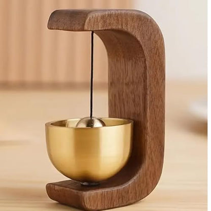 Master Flame Solid Wood Meditation Bell with Brass Bowl, Traditional C-Shaped Stand, Magnetic Striker, Healing Tones for Home, Office, Mindfulness, 15cm Height (Variation 1)