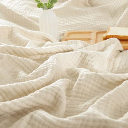 PHF 100% Cotton Muslin Blanket King Size 108"x90", 4-Layer Lightweight Gauze Throw, Breathable Cloud-Soft Minimalist Blanket for Bed, Couch, Camping, Beige/Short Bread, Ideal Gift