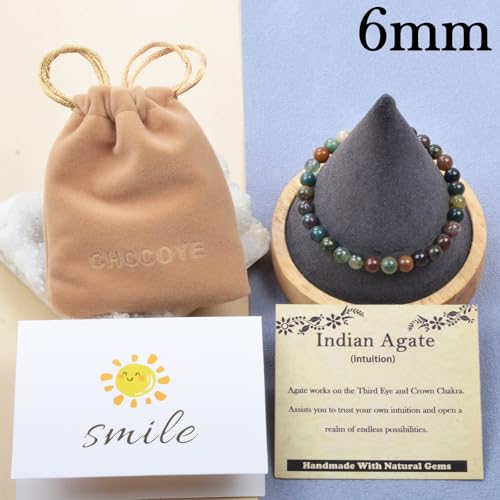 468Handmade Adjustable Natural Gemstone Crystal Bracelet Healing Power Energy Inspirational Gifts with Card for Unisex - color: 05-Indian Agate(Intuition), size: 6mm