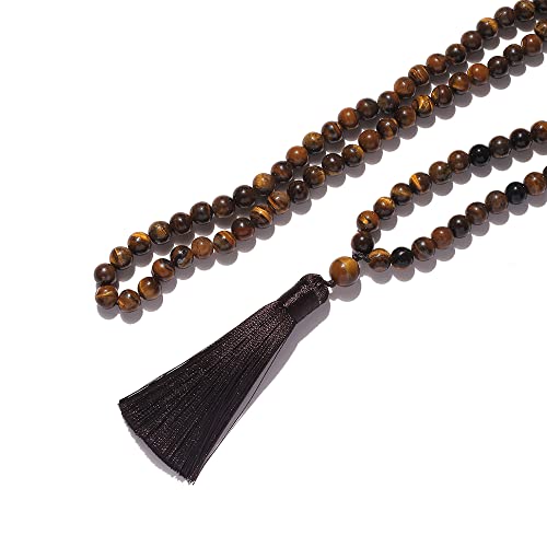 108 Mala Prayer Beads Necklace 8mm Natural Stones Meditation Yoga Jewelry Sets 108 Hand Made Japa Mala Beaded Long Tassel Necklace with Tassel Pendant for Men and Women - color: Yellow Tiger Eye+Black Onyx