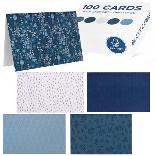VNS Creations 100 Pack Blank Cards and Envelopes 4x6 - Bulk Blank Greeting Cards with Envelopes & Stickers Inside for All Occasions, Cute Colored Notecards Stationery Set, Assorted Colors Note - Navy
