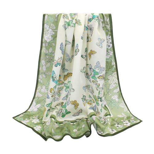 100% Pure Mulberry Silk Scarf 35" Large Square Lightweight Headscarf –Women’s Hair Wraps-With Gift Packed - color: Butterflies-light Green