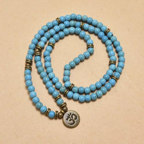 108 Mala Beads Bracelet with om Charm – Healing Stone Meditation Bracelet for Yoga & Prayer, 6mm Beads, Handmade, Gold-Plated OM Charm - style: Green Turquoise