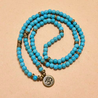 108 Mala Beads Bracelet with om Charm – Healing Stone Meditation Bracelet for Yoga & Prayer, 6mm Beads, Handmade, Gold-Plated OM Charm - style: Green Turquoise