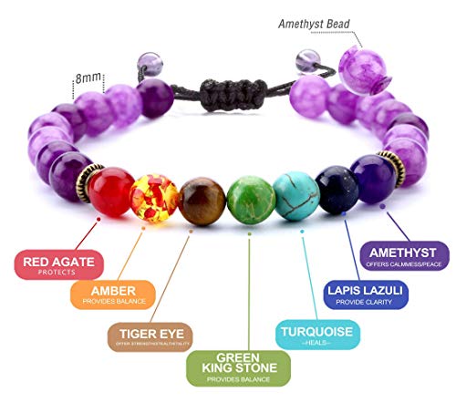 GelConnie Lava Rock Chakra Bracelet 7 Chakra 8mm Natural Stone Healing Bracelet Stress Relief Yoga Beads Anxiety Bracelet Aromatherapy Essential Oil Diffuser Bracelet Bangle - color: B-Amethyst Braided
