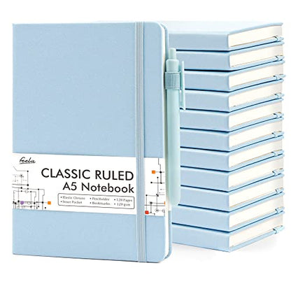 feela 12 Pack Notebooks Journals Bulk, Hardcover Notebook Classic Ruled Lined Journals with Pen Holder for Women Girls School Business Supplies, with 12 Black Pens, 120 GSM, 5.1”x8.3”, A5, Light Blue - color: 12 Pack light blue