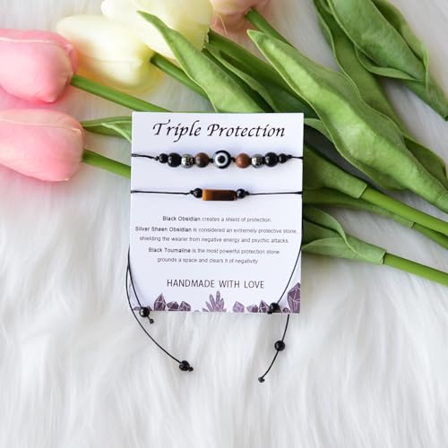 2Pcs Triple Protection Empath Energy Protection Bracelets Black Obsidian and Tiger Eye Evil Eye Carnelian Amethyst Natural Stone Jewelry for Women Men Gifts for Him Her - style: Triple protection style1