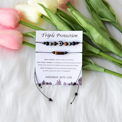 2Pcs Triple Protection Empath Energy Protection Bracelets Black Obsidian and Tiger Eye Evil Eye Carnelian Amethyst Natural Stone Jewelry for Women Men Gifts for Him Her - style: Triple protection style1