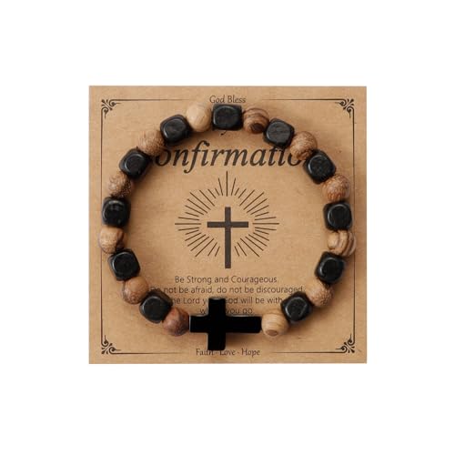 MILAKOO Wooden Bracelet with Black Stainless Steel Cross Charms Bead Christian Gifts for Women Men - color: A4