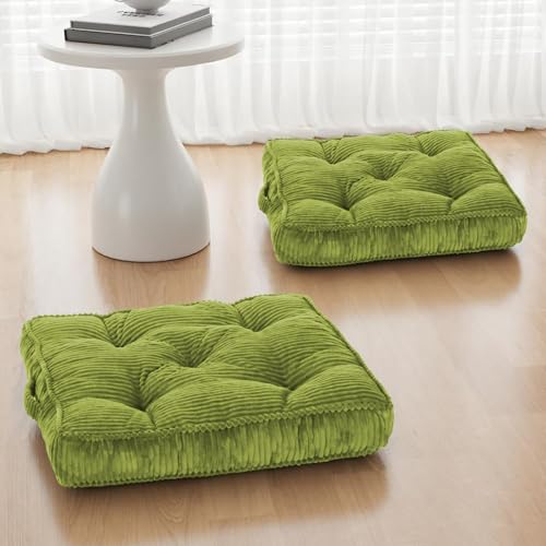 Meditation Floor Cushion Set of 2, 24x24 Tufted Floor Pillow for Adults, Square Large Meditation Cushion Pillow, Corduroy Sitting Pillow with Handle, Yoga Seating for Tatami, Light Green - color: Light Green, size: 24x24x4 inch