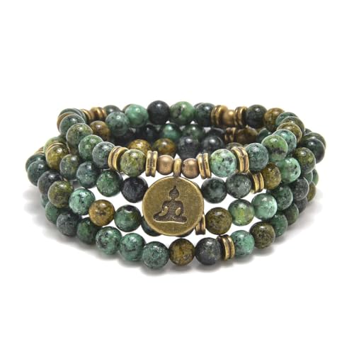 108 Mala Beads Bracelet Necklace with Yoga Symbol Buddha Charm – Gold-Plated Meditation Jewelry, Healing Stone, Ideal Spiritual Gift for Yoga & Meditation - style: African Turquoise