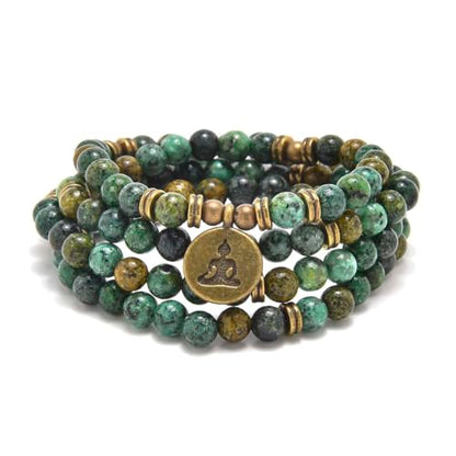 108 Mala Beads Bracelet Necklace with Yoga Symbol Buddha Charm – Gold-Plated Meditation Jewelry, Healing Stone, Ideal Spiritual Gift for Yoga & Meditation - style: African Turquoise