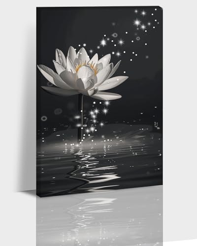 Zen Wall Art, White Lotus Flower Canvas Art Print for Spa Bathroom Decor, Modern Calming Floral Pictures Wall Decor, Calming Water Painting Framed Artwork for Yoga Meditation Room Decor 12x18 Inches - color: Zen Stones Canvas Frame-01, size: 18"L x 12"W