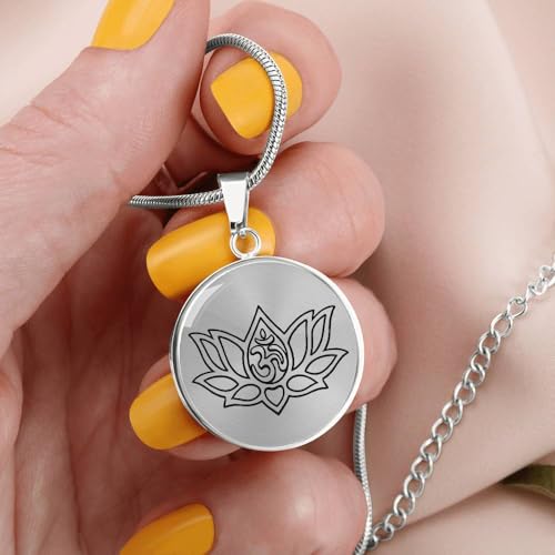 quan jewelry Yoga Lotus Flower Pendant Necklace with Om Symbol, Happy Birthday Gifts Ideas for Mom, Daughter, Women with Inspirational Quote on Gift Card - color: Silver-Tone Cirle Plate