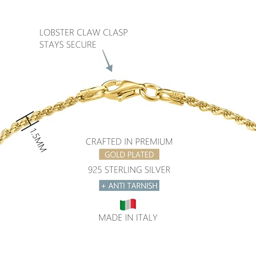KISPER 18K Gold Plated 925 Sterling Silver Chain Bracelets for Women, Waterproof Tarnish Resistant, Curb/Rope/Figaro/Mariner Link Bracelet, 6.5, 7, 8, 9 Inch - size: 9 inches (large), style: Rope