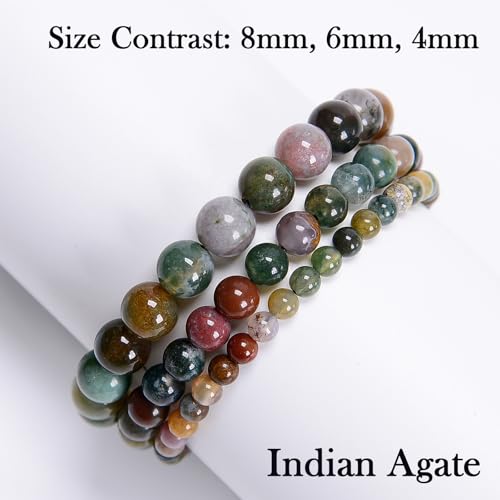 468Handmade Adjustable Natural Gemstone Crystal Bracelet Healing Power Energy Inspirational Gifts with Card for Unisex - color: 05-Indian Agate(Intuition), size: 6mm