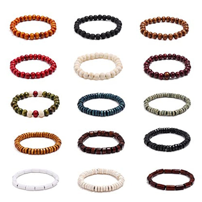 7/8/15Pcs Classic Natural Sandalwood Wooden Beaded Bracelet Set Vintage Elastic Round Strand Wood Tibetan Bracelet Set for Men Women Meditation Buddhist Mala Prayer Jewelry