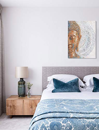 B BLINGBLING Gold Buddha Canvas Wall Art: 3D Mandala Flower Blossom Buddha Painting with Gold Foil Reproduction Print on Blue Canvas Wrapped and Ready for Hang 24"x32" - color: Buddha with Mandala, size: 24"x32"x1