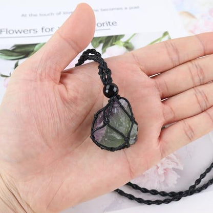 Natural unprocessed crystal raw stone hand woven rope adjustable necklace pendant for both men and women - color: A-Fluorite 1