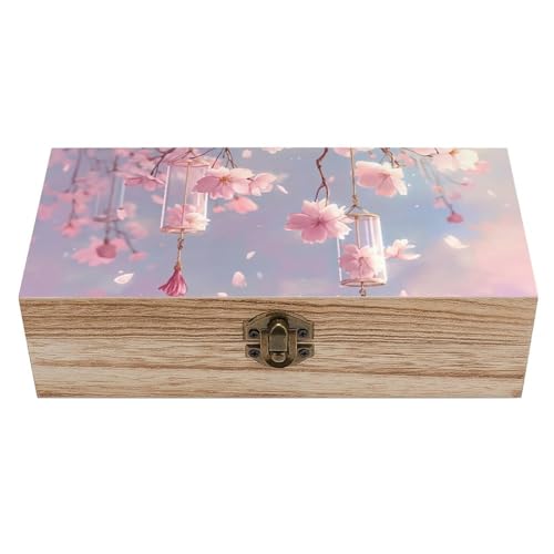 Pink Floral Cherry Blossom Vintage Wooden Storage Box with Hinged Lid – Rustic Natural Wood Keepsake Box for Jewelry, Trinkets, And Photos – Decorative Small Chest Organizer (7.9" X 3.9" X 2.3") - color: black-9