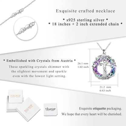 TOUPOP Tree of Life Necklace Gifts for Women 925 Sterling Silver Family Tree Pendant with Crystal Birthday Irish Jewelry Gifts for Women Her Wife Mom - color: 01-White Gold-Purple Crystal
