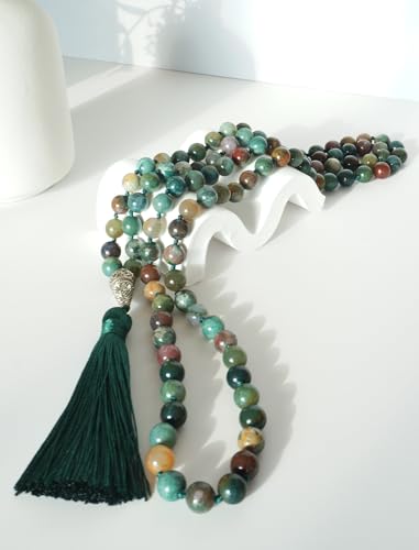 Mala Beads 108 Handmade Necklace,Natural Indian Agate Turquoise Amethyst with Alloy Guru Bead and Tassel,43.2 Inches for Prayer,Meditation,Yoga - color: Indian Agate