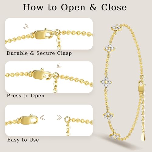 Dainty Moissanite Clover Bracelet for Women, D Color VVS1, Cute Stackable Adjustable 14K Gold/White Gold Plated Bracelet, Non Tarnish Trendy Waterproof Jewelry, Friendship Love Gift for Her