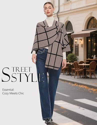 PULI Womens Elegant Cross Front Shawl Wraps Knitted Ponchos Cape Light Weight Poncho Sweater Soft Warm Travel Wraps - color: Classic Check-tan and Black