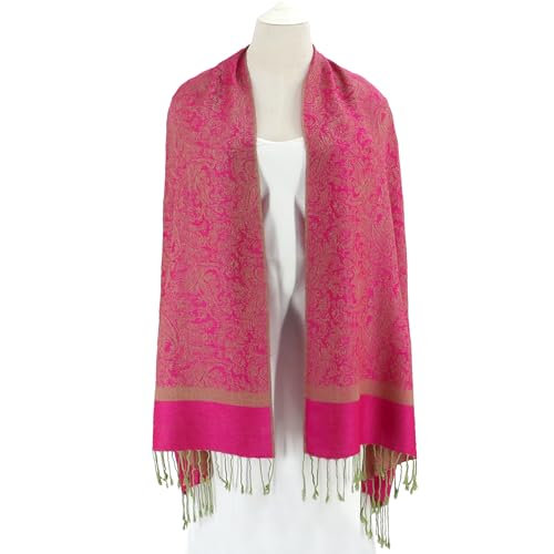 Silky Paisley Pashmina Shawl Scarf-Women's Soft Double-side Jacquard Pashminas Wrap for Evening Dress Travel Shawl - color: A-hot Pink/Green