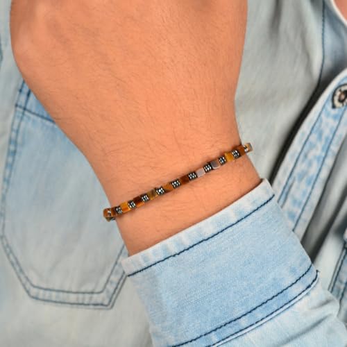 Tiger's Eye Hematite Beaded Bracelet for Men, Square Stone Adjustable Stainless Steel Chain, Handmade Stylish Jewelry Gift for Dad, Husband, Son & Friend